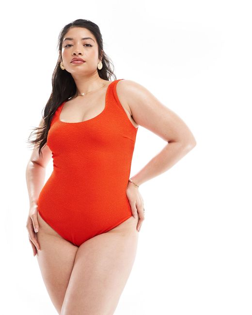 ASOS Red Asos Design Curve Crinkle Scoop Low Back Swimsuit