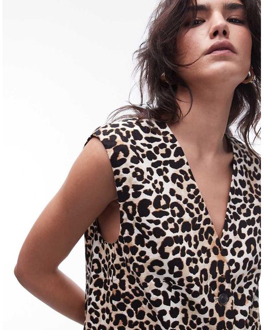 TOPSHOP Linnen Gilet Met Luipaardprint in het Black