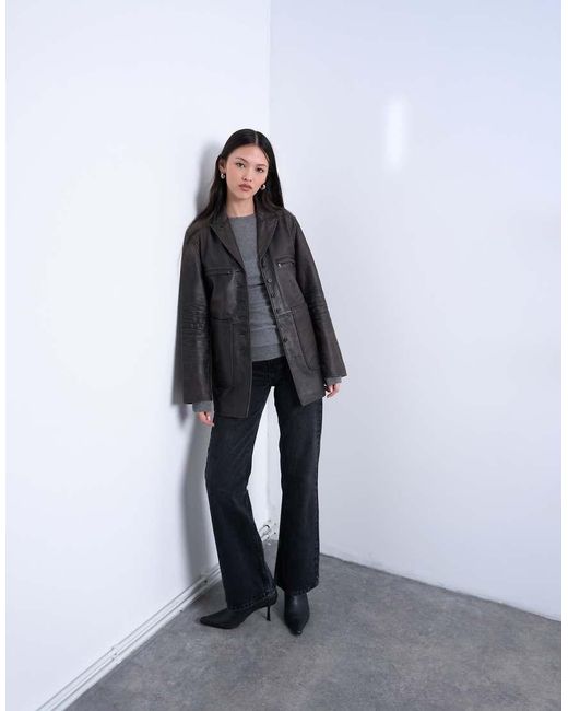 TOPSHOP Black Premium Real Leather Blazer With Patch Pockets