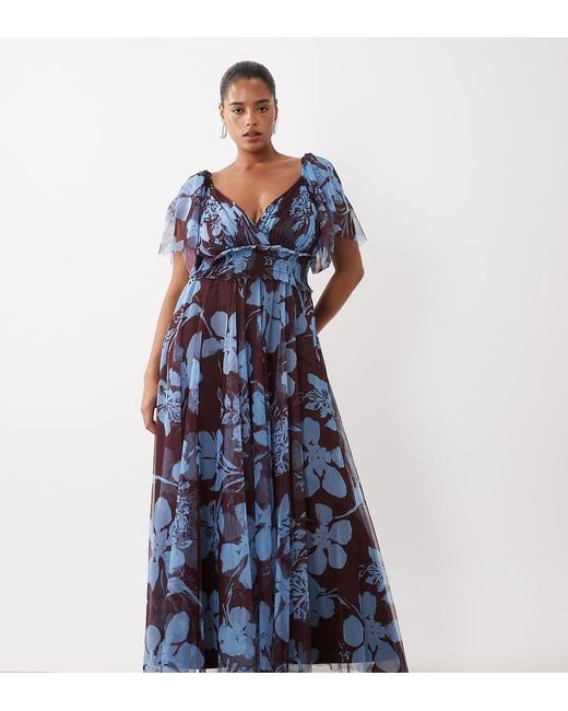 Lace & Beads Plus Blue Tulle V Neck Flutter Sleeve Maxi Dress
