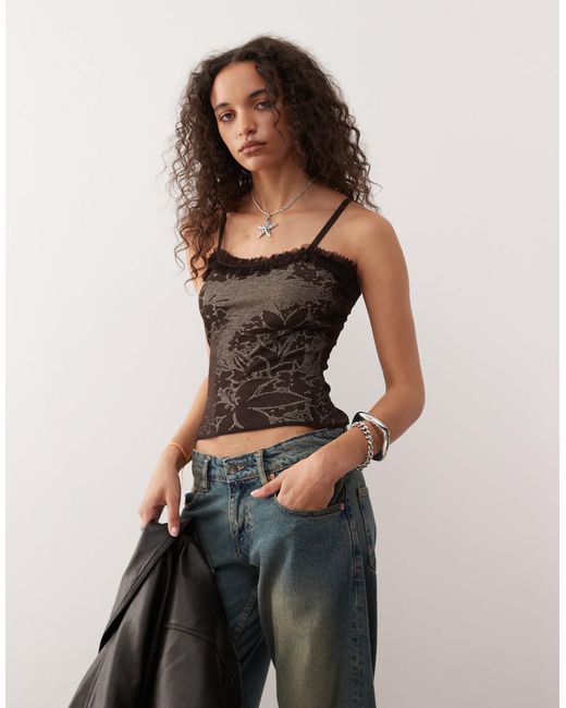 Collusion Brown Knitted Cami Top With Ruffle Detail