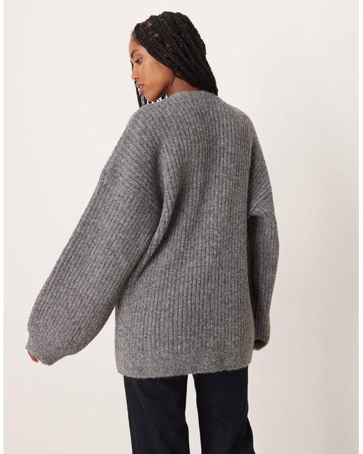 ASOS Gray Knitted Slouchy Cardigan With Chunky Rib With Wool
