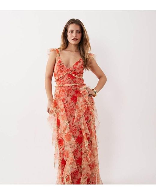 LACE & BEADS Red Tulle Ruffle Detail Maxi Dress