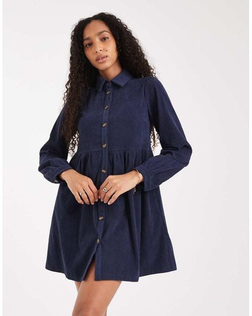 Threadbare Blue Cord Shirt Mini Dress