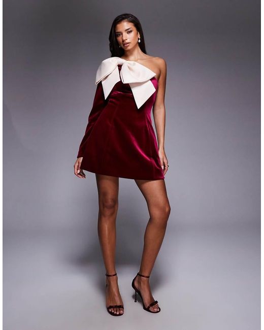 ASOS Red One-shoulder Velvet Mini Dress With Bow Detail