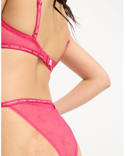 Calvin Klein Ck One Logo Lace Sheer Tanga Brazilian Brief in Pink Lyst
