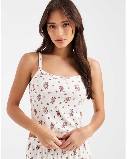 Miss Selfridge White Teddy Bear Print Mix And Match Pyjama Cami Top
