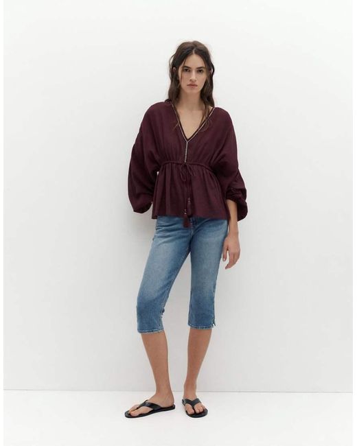 Pull&Bear Red Beaded Tie-front Shirt