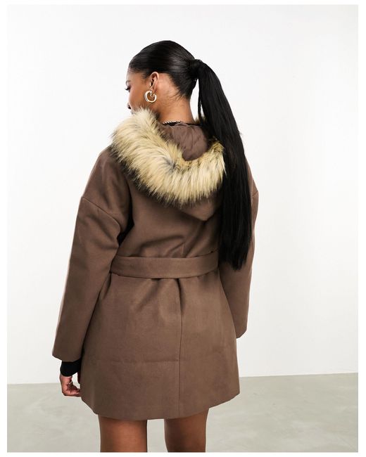 Threadbare Brown Callie Short Belted Formal Coat With Faux Fur Trim Hood