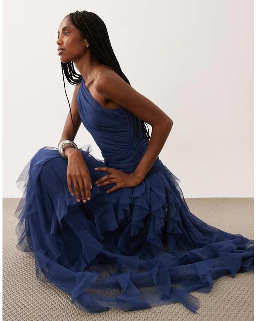 LACE & BEADS Blue Bridesmaid One Shoulder Waterfall Ruffle Maxi Dress