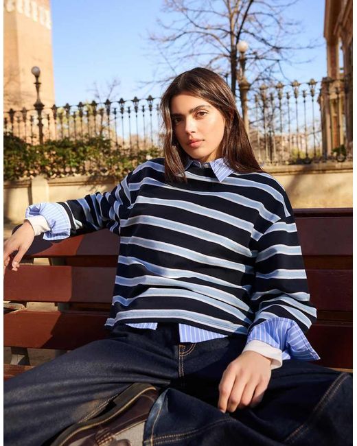 Bershka Blue Printed Round Neck Jumper