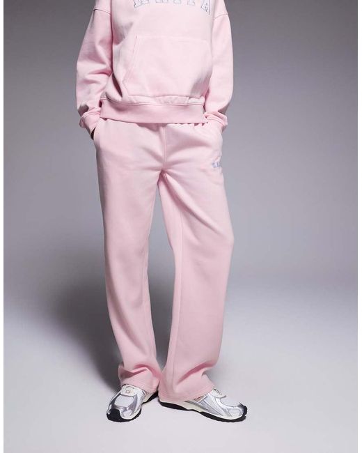 Kaiia Pink Exclusive Cotton Rich Embroidered Logo Wide Leg joggers Co-ord