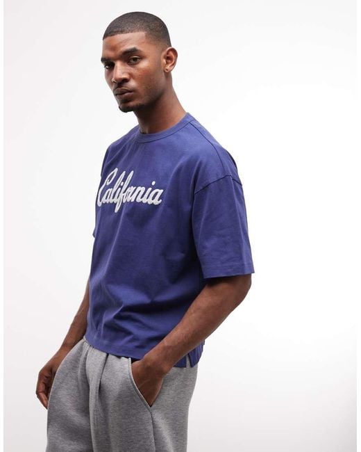 ASOS Blue Heavyweight Boxy Oversized T-shirt With California Embroidery for men