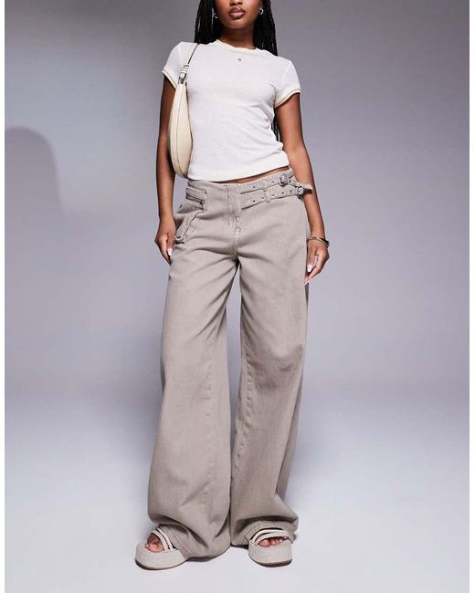 Princess Polly Gray Buckle And Pocket Detail baggy Wide Leg Jeans