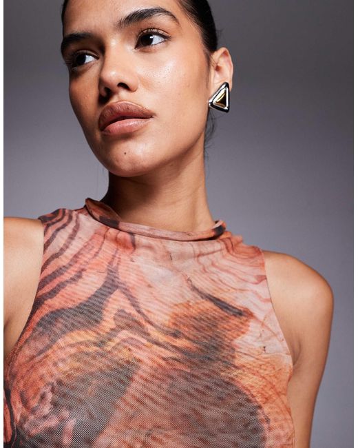 ASOS Gray Mix & Match Sheer Mesh High Cowl Neck Tank Top