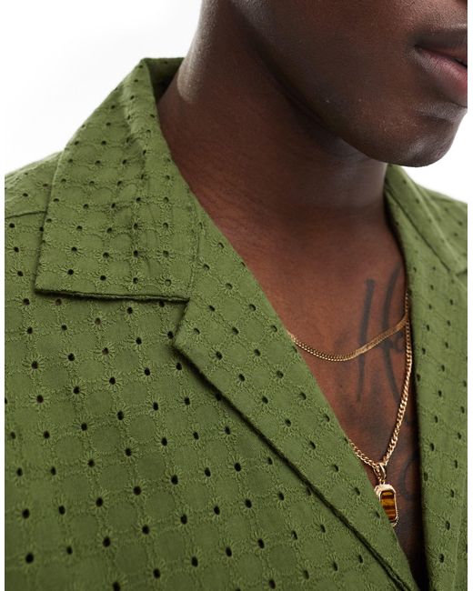 Chemise d'ensemble décontractée en broderie anglaise avec manches courtes et col à revers - kaki ASOS pour homme en coloris Green