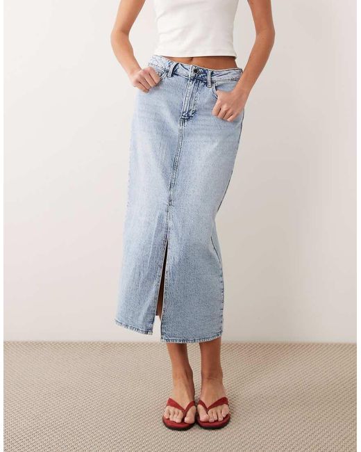 Vila Blue High Waisted Denim Front Split Midi Skirt