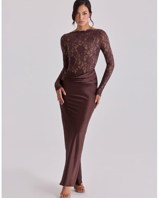 House Of Cb Purple Yasmeen Espresso Lace + Satin Draped Maxi Dress