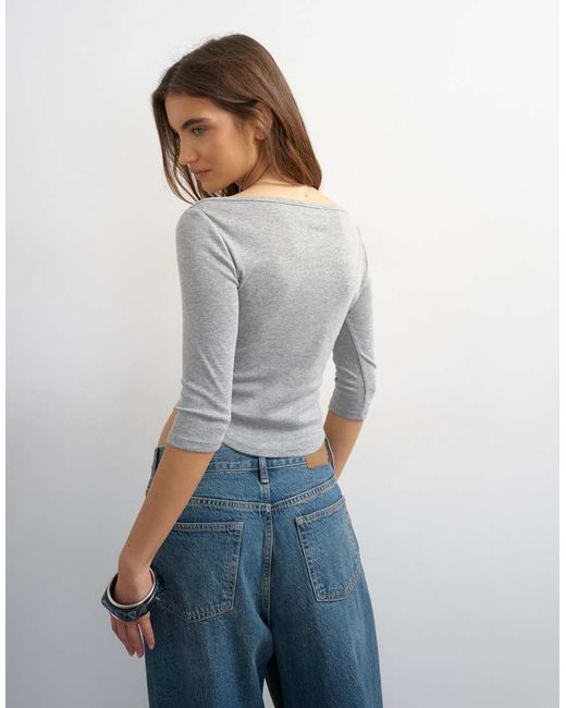 TOPSHOP Gray Slash Neck Curve Hem Top
