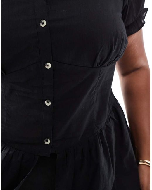 ASOS Black Curve Puff Sleeve Button Down Milkmaid Top