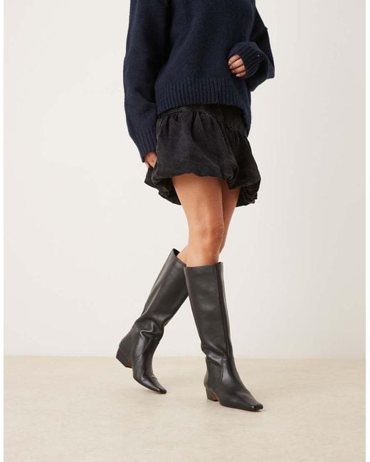 ASOS Black Calais Leather Pointed Flat Knee Boots