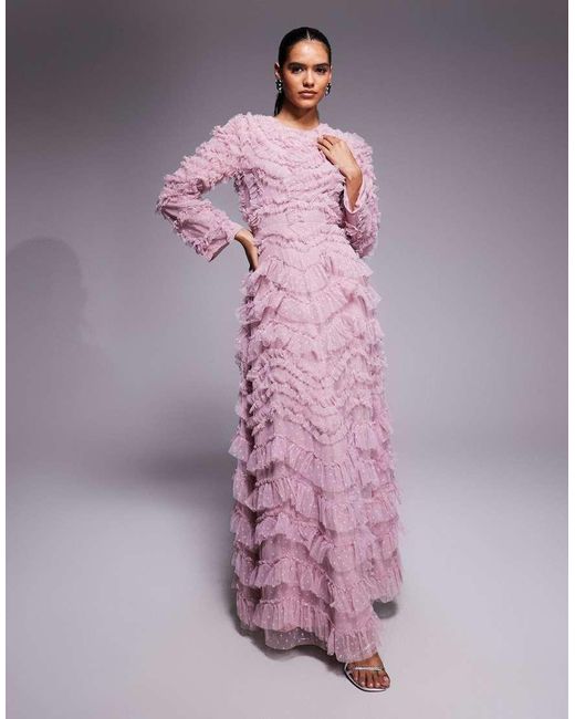 Beauut Pink Tulle Ruffle Detail Tiered Maxi Dress