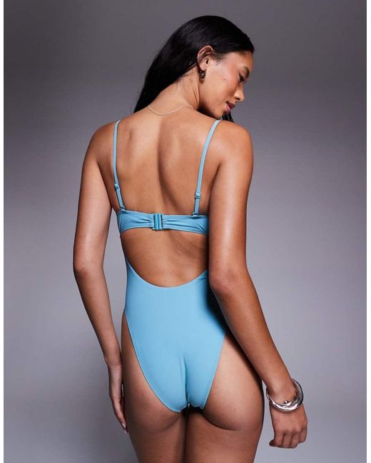 ASOS Blue Harriet Adjustable Straps Swimsuit With Hammered Silver Tone Trim