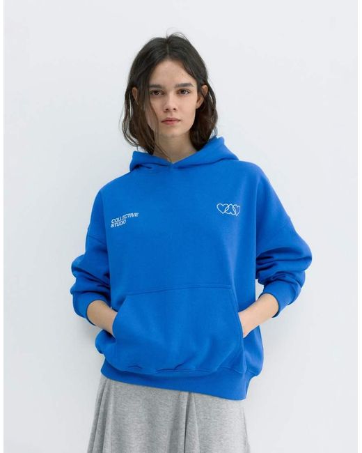 Felpa Con Cappuccio Blu Scuro Con Cuori di Pull&Bear in Blue