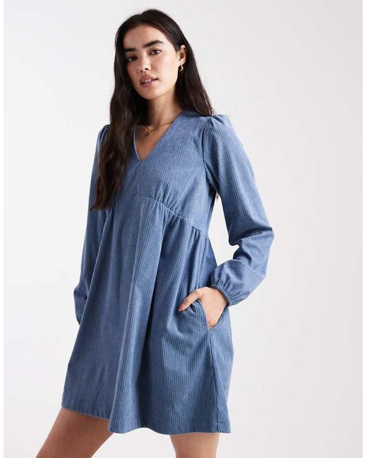 Threadbare Blue Cord Long Sleeve Mini Dress