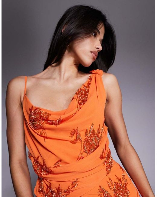 Vestito Lungo Con Drappeggio E Fiori di ASOS in Orange