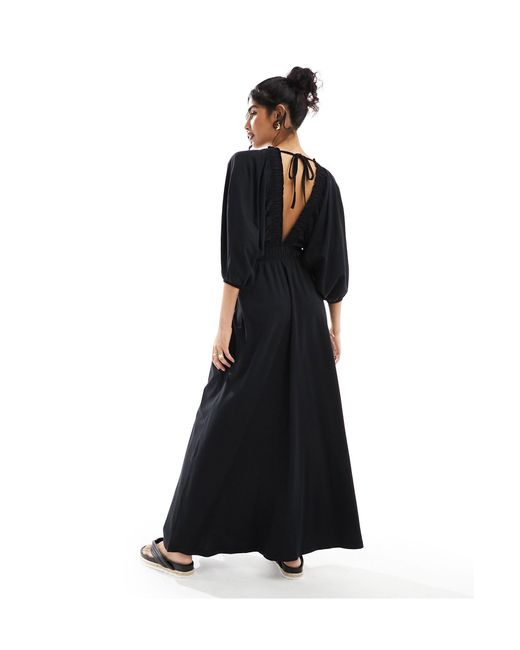 ASOS Black Plunge Elastic Tea Midi Dress With Ruched Waist