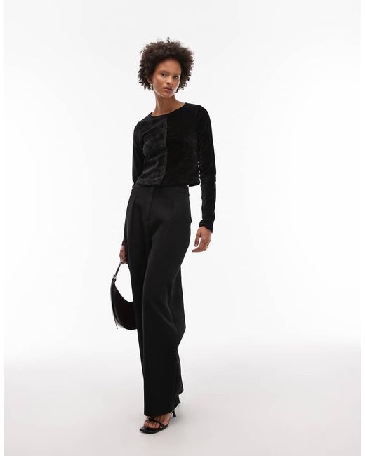 ASOS Black Textured Velvet Long Sleeve Button Through Top