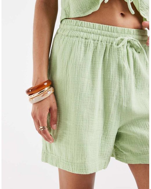 Pieces Green Crinkle Cotton High Waisted Shorts Co-ord
