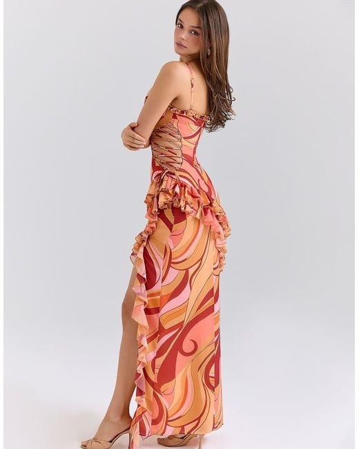 House Of Cb Orange Lumira Sunset Swirl Print Ruffle Cut Out Maxi Dress