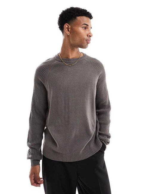 ASOS Gray Oversized Boxy Fit Knitted Crew Neck Jumper With Rib Sleeves for men