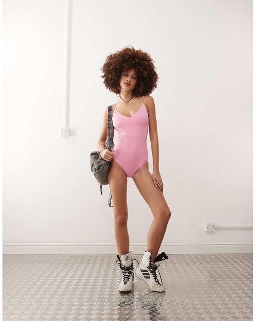Monki Pink Tie Up Back Swimsuit