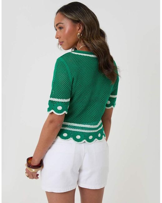 Threadbare Green Crochet Flower Hem Button Up Top