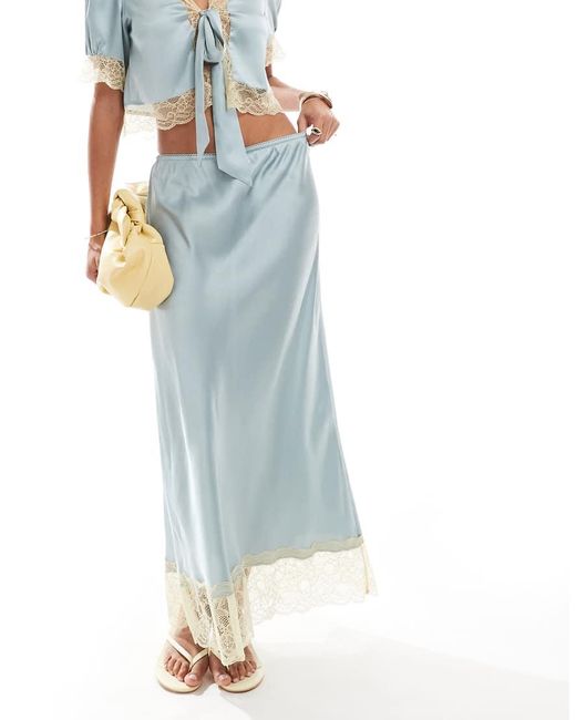 Falda Midi De Satén Con Ribete De Encaje En El Bajo De (Parte De Un Conjunto)-Verde ASOS de color Blue