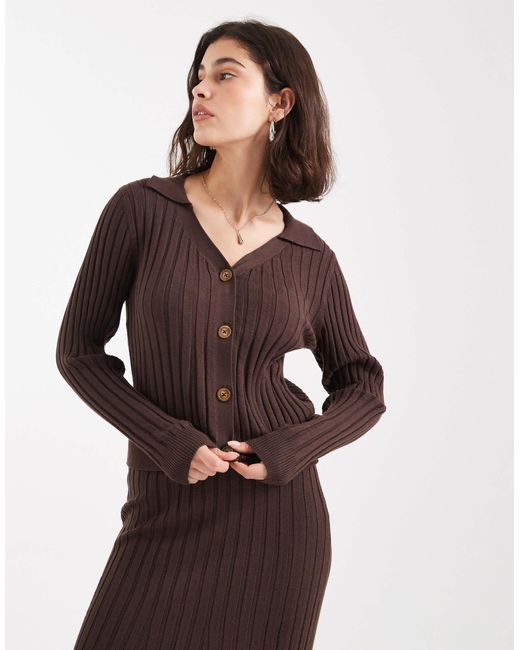 Object Brown Rib Knitted Button Front Polo Co-ord