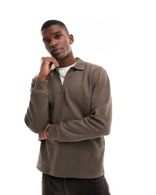 Only & Sons Brown Long Sleeve 1/4 Zip Polo Top for men