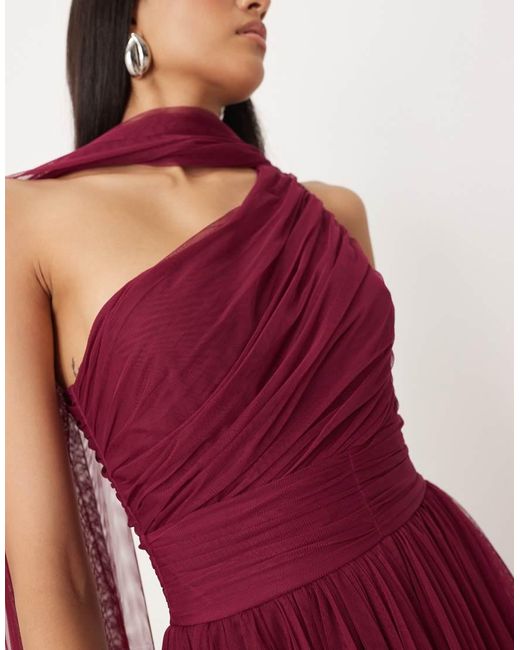 LACE & BEADS Red Bridesmaid One Shoulder Scarf Neck Maxi Dress