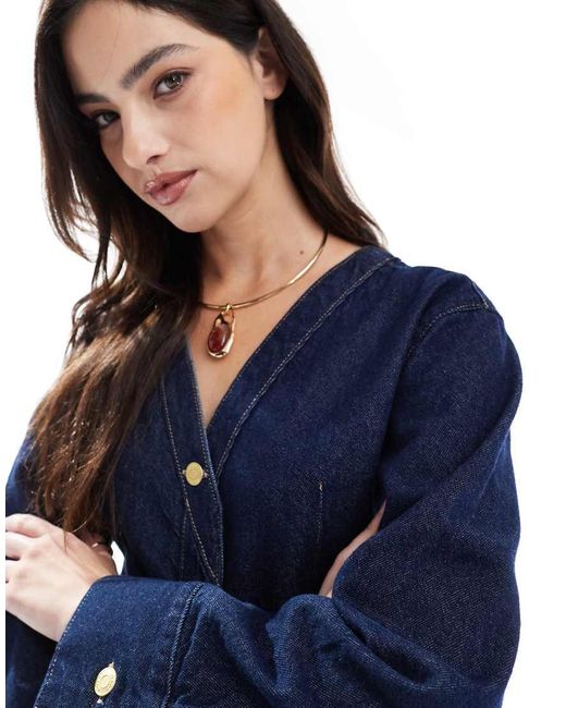 Camisa Vaquera Sin Solapas Con Cuello De Pico Y Enjuagado De (Parte De Un Conjunto)-Azul ASOS de color Blue