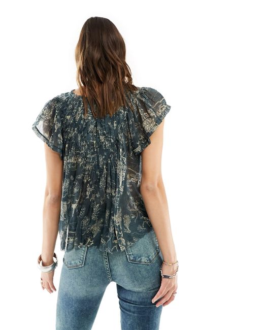 Free People Blue Floral Print Voile Smock Blouse