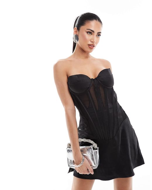 HEIRESS BEVERLY HILLS Premium Satin Corset Bandeau Mini Dress With Mesh  Inserts in Black | Lyst