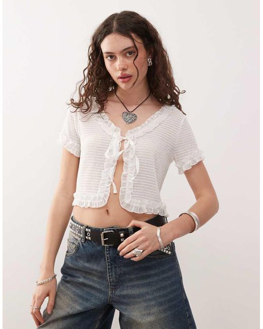 Collusion White Tie Front Frill Top