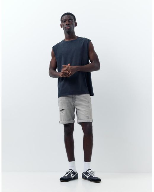 Pull&Bear Blue Ripped Denim Bermuda Shorts for men