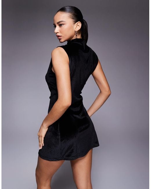 ASOS Black Velvet Sleeveless Ruched Side Mini Dress With Grown On Neck