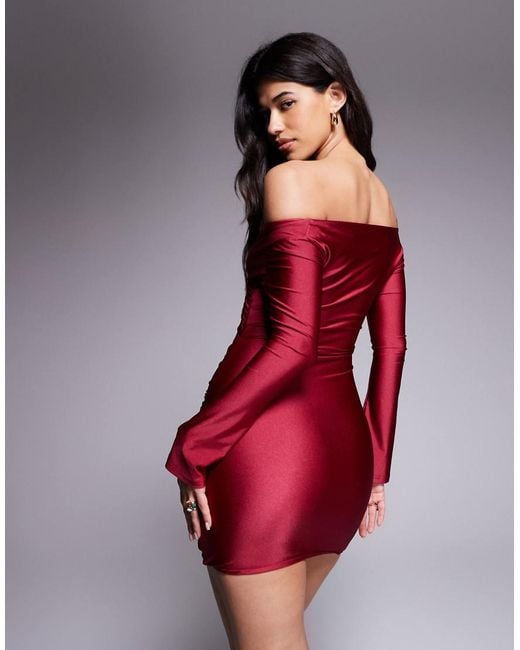 Ruched & Ready Red You Wish Sculpted High Shine Off Shoulder Sweetheart Neck Mini Dress