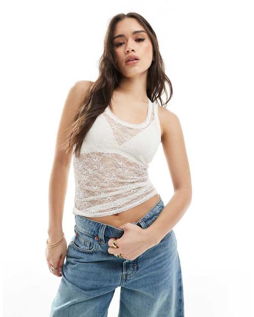 Monki Blue Lace Tank Top With Racer Back