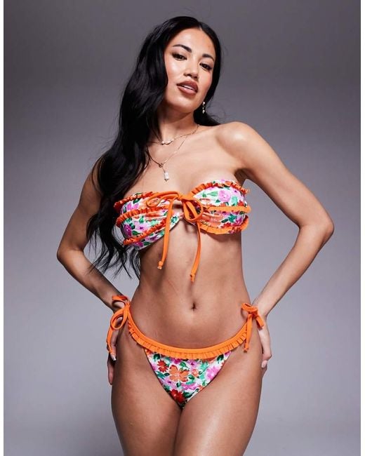 The Frolic Multicolor Exclusive Orange Trim Frill Detail Tie Side Bikini Bottom Co-ord